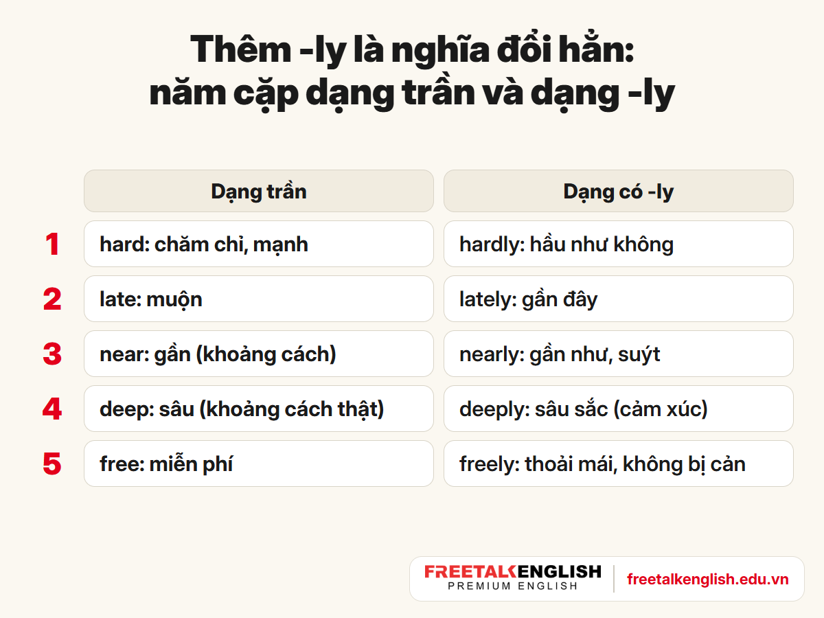 Trạng từ không có đuôi -ly: năm cặp dạng trần và dạng -ly khác nghĩa như hard và hardly, late và lately