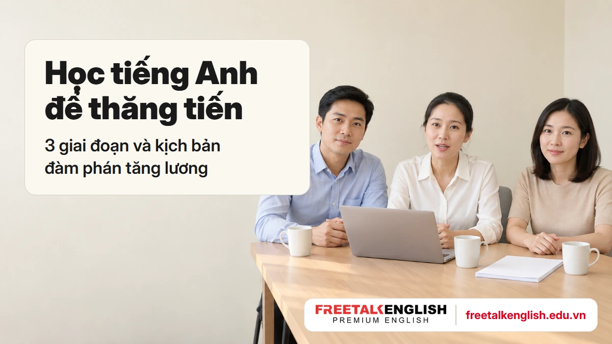 Ba đồng nghiệp trong buổi họp, minh hoạ học tiếng Anh để thăng tiến và tăng lương ở Hà Nội