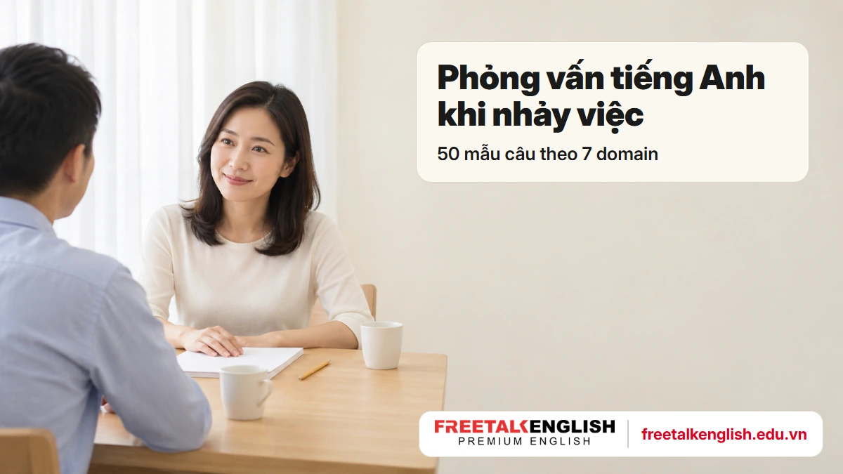 Hai người trao đổi qua bàn, minh hoạ 50 mẫu câu phỏng vấn tiếng Anh nhảy việc