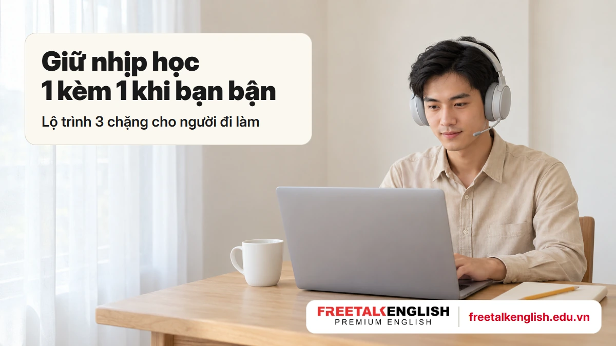 Người đi làm học online với tai nghe và laptop, minh hoạ lộ trình 1 kèm 1 giữ nhịp