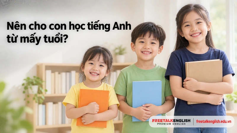 Ba anh chị em 3, 6 và 9 tuổi cầm sách tranh, vở tập viết và sách truyện tiếng Anh